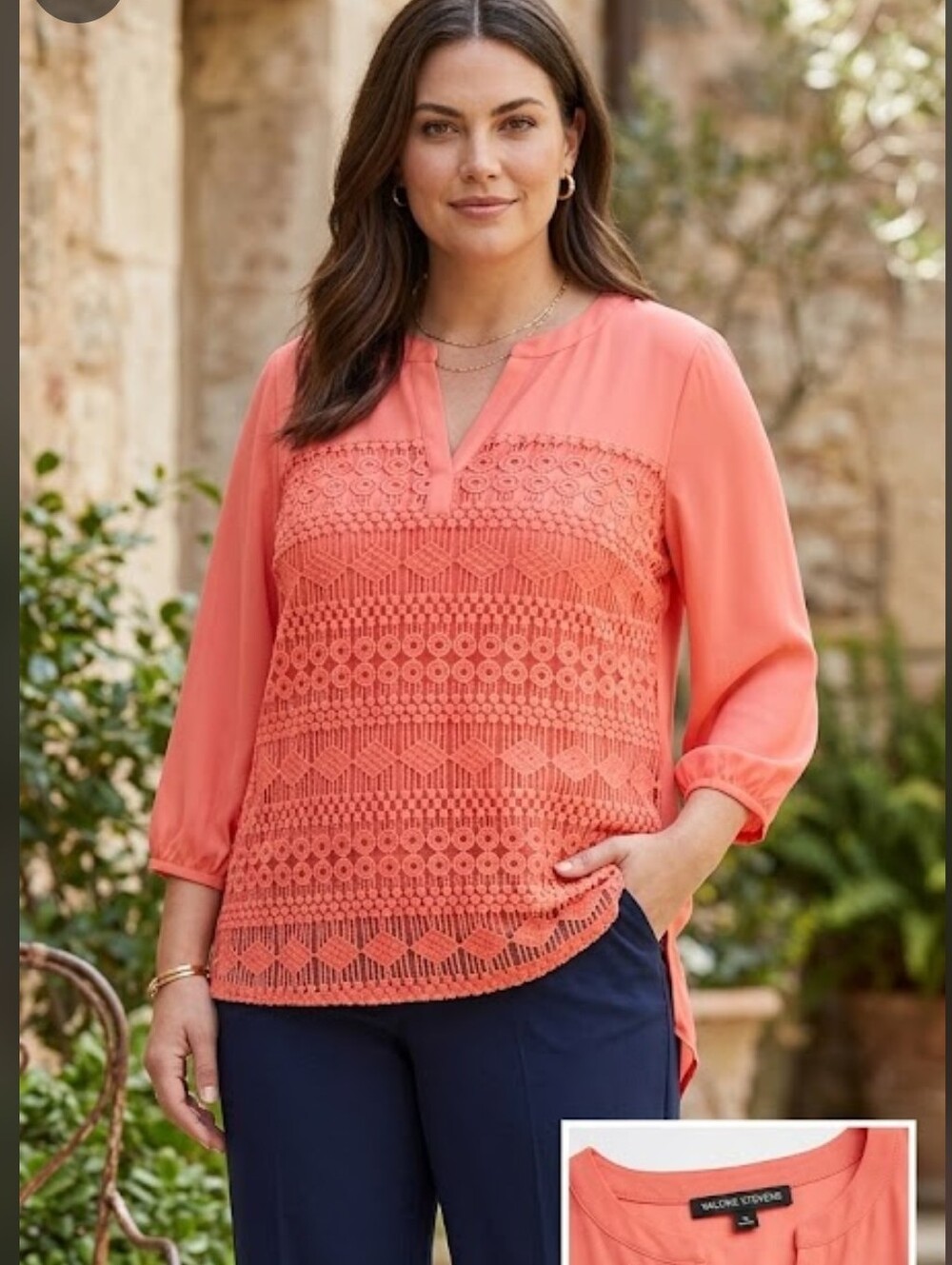 Valerie Stevens Size 1X Coral Lace-Front Split V-Neck Blouse